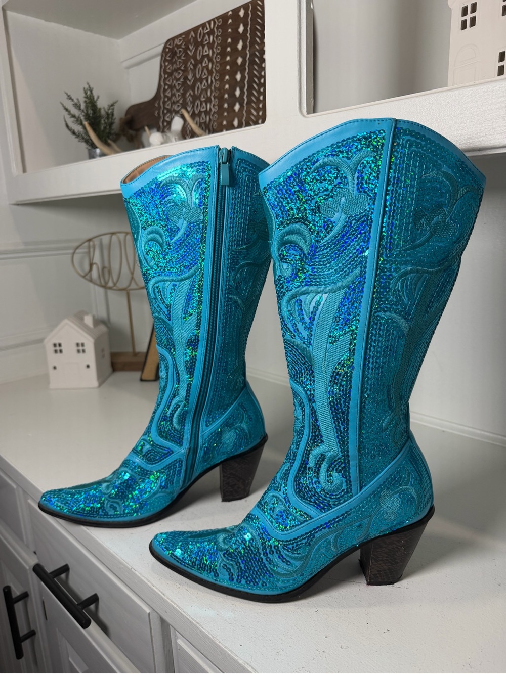 Helen's Heart Womens 7 Turquoise Sequin Rhinestone Western Cowboy Boots